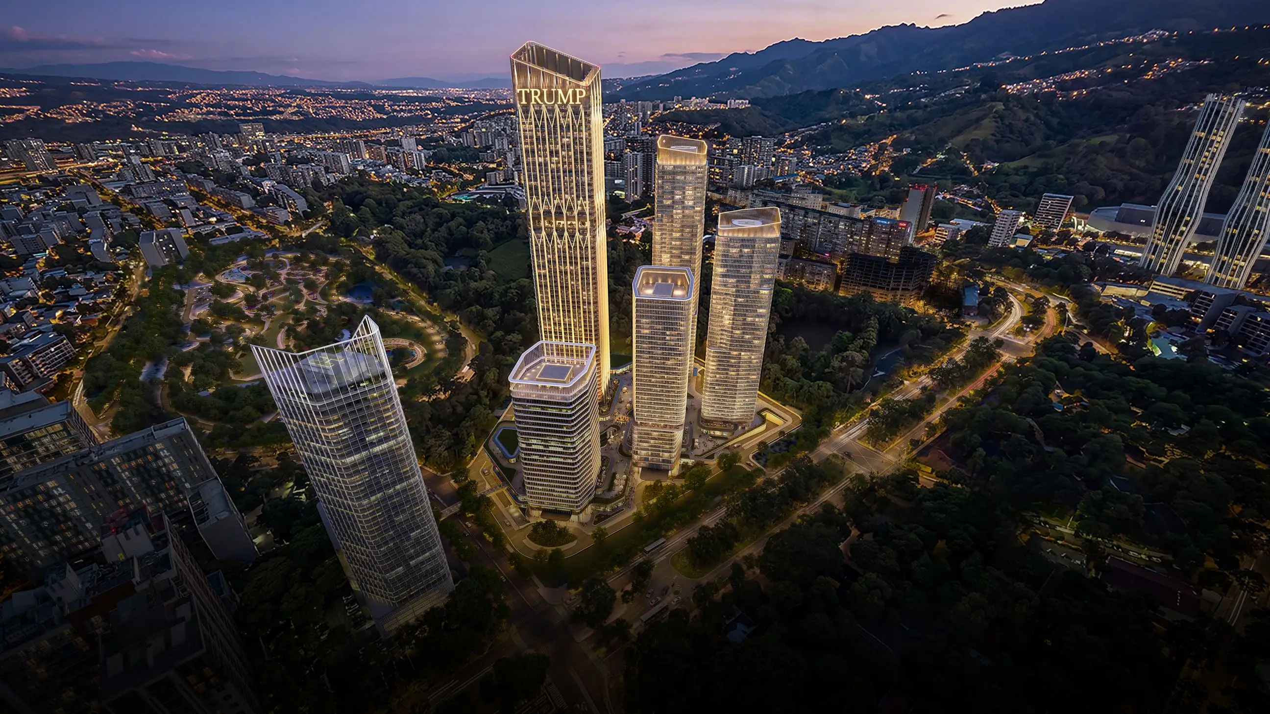 Trump Tower Tbilisi и Центральный парк вечером, вид сверху