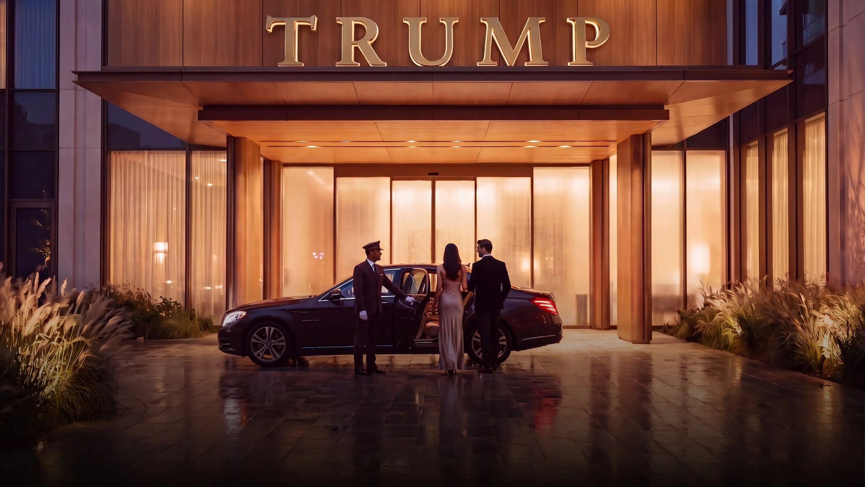 Главный вход в Trump Tower Tbilisi вечером